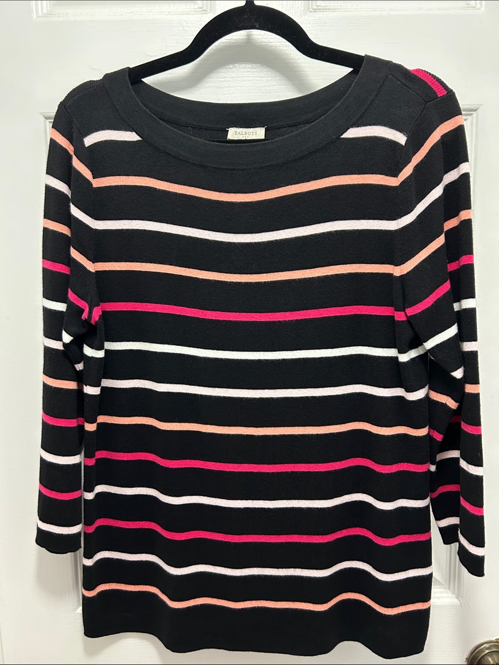 Talbots Black Crewneck Sweater with Pink and Peach Stripes